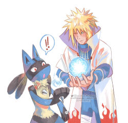  black_fur blue_fur body_fur flak_jacket forehead_protector highres hokage jacket kokodrawings konohagakure_shinobi_uniform konohagakure_symbol lucario namikaze_minato naruto_(classic) naruto_(series) pokemon pokemon_(creature) rasengan snout spikes spiky_hair yellow_fur 