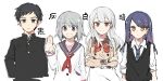  &gt;:( 1boy 3girls :d :| an_sin apron arms_at_sides bangs black_hair black_jacket black_vest blue_eyes blue_necktie bow bowtie buttons closed_mouth crossed_arms dot_nose expressionless gakuran grey_hair hair_between_eyes hair_ornament hairclip haitani_(madoka_magica) hand_on_hip hand_up happy highres jacket kurara_(madoka_magica) kuroda_(madoka_magica) long_hair long_sleeves magia_record:_mahou_shoujo_madoka_magica_gaiden mahou_shoujo_madoka_magica medium_hair multiple_girls neckerchief necktie open_mouth orange_eyes orange_shirt parted_lips pink_eyes plaid plaid_bow plaid_bowtie purple_hair purple_sailor_collar red_bow red_bowtie red_neckerchief sailor_collar school_uniform serafuku shirogane_(magia_record) shirt short_hair sidelocks simple_background sleeves_rolled_up smile split_mouth swept_bangs upper_body v-shaped_eyebrows very_short_hair vest violet_eyes waist_apron white_apron white_background white_hair white_shirt wing_collar yukuni_academy_school_uniform 