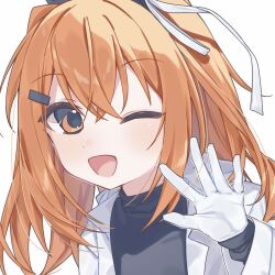  1girl a.i._voice absurdres adachi_rei gloves hair_ribbon hamano_yui hand_up highres looking_at_viewer one_eye_closed open_mouth orange_eyes orange_hair ribbon smile solo utau white_gloves 