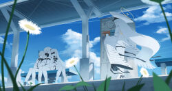  4girls absurdres blindfold blue_archive blue_sky closed_eyes clouds colored_skin commentary_request cup daisy_(flower) day disposable_cup doumu_(31678316) ein_(blue_archive) flower hair_over_one_eye halo hat highres holding holding_cup large_hat leaning_on_person long_hair long_sleeves malkuth_(blue_archive) mask mechanical_tail multiple_girls ohr_(blue_archive) outdoors partial_commentary respirator siblings sisters sky sleeping sleeves_past_fingers sleeves_past_wrists sof_(blue_archive) tail train_station train_station_platform triplets very_long_hair white_hair white_skin yellow_halo 