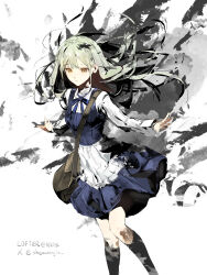  1girl absurdres animal_ears arknights bag bang_dream! bang_dream!_it's_mygo!!!!! blue_eyes brown_bag commentary dress green_hair hair_ornament hairclip highres long_hair parted_lips pinafore_dress rabbit_ears rabbit_girl shenwanjia shirt shoulder_bag sleeveless sleeveless_dress solo wakaba_mutsumi wakaba_mutsumi_(cautus) white_shirt yellow_eyes 