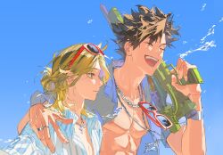  2boys abs absurdres adam's_apple baozaohuang bare_pectorals black_hair blonde_hair blue_background blue_shirt chain chain_necklace chinese_commentary closed_eyes collarbone collared_shirt commentary_request eyewear_hang eyewear_on_head haikyuu!! hand_on_another's_shoulder happy highres holding holding_water_gun jewelry kozume_kenma kuroo_tetsurou male_focus multicolored_hair multiple_boys necklace nipples open_clothes open_mouth open_shirt pectorals ring roots_(hair) shirt short_hair simple_background striped_clothes striped_shirt sunglasses unworn_eyewear vertical-striped_clothes vertical-striped_shirt watch watch water_gun yellow_eyes 