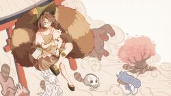  1girl absurdres animal_ears brown_eyes brown_hair brown_shirt brown_skirt chinese_commentary closed_mouth commentary_request crossed_legs futatsuiwa_mamizou glasses green_hat hat hat_bell highres holding holding_smoking_pipe kiseru minuo open_mouth platform_sandals raccoon_ears raccoon_girl raccoon_tail sandals shirt skirt skull smile smoking_pipe solo tail torii touhou tree 