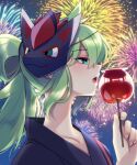  1boy :o candy_apple commentary_request fireworks food from_side green_eyes green_hair hand_up holding japanese_clothes kimono long_hair male_focus mask mask_on_head n_(pokemon) night official_alternate_costume open_mouth outdoors pokemon pokemon_(game) pokemon_masters_ex sky soumendaze tongue upper_body 