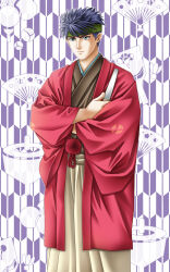  1boy alternate_costume blue_eyes blue_hair closed_mouth commentary_request fire_emblem fire_emblem:_radiant_dawn green_headband headband highres ike_(fire_emblem) japanese_clothes kimono male_focus short_hair solo super_smash_bros. super_smash_bros._logo tamamon 