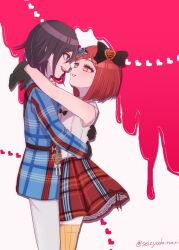  1boy 1girl bare_arms bare_shoulders black_bow black_gloves black_hair blue_jacket blue_skirt bow commentary_request danganronpa_(series) danganronpa_v3:_killing_harmony eye_contact gem_hair_ornament gloves grin hair_bow heart highres jacket long_sleeves looking_at_another oma_kokichi plaid_clothes plaid_skirt red_background red_hair red_jacket red_skirt shirt short_hair skirt smile teeth thigh-highs white_background white_shirt yumeno_himiko zhengchang 