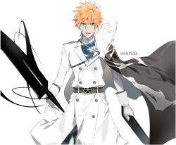  1boy alternate_costume bad_id bad_twitter_id black_cape bleach bleach:_brave_souls cape coat cowboy_shot dual_wielding enpissi facial_mark fur-trimmed_cape fur_trim gloves highres holding holding_sword holding_weapon kurosaki_ichigo kurosaki_ichigo_(new_year_2019) male_focus open_mouth quincy_(bleach) smile solo straight-on sword true_zangetsu_(shikai) twitter_username wandenreich_uniform weapon white_coat white_gloves 