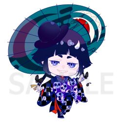  1other androgynous black_hair blue_eyes blue_kimono bowler_hat bug butterfly chibi commentary full_body grin hat high_heels highres horns japanese_clothes kimono nekodou_(yukatin1000) oil-paper_umbrella oni pale_skin pointy_ears print_kimono purple_kimono sample_watermark sharp_teeth short_hair sidelocks simple_background single_horn skull_print small_horns smile standing teeth two-sided_robe umbrella watermark white_background 