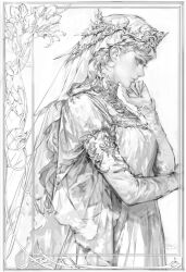  1girl border breasts closed_mouth dated dress from_side gown greyscale highres long_sleeves looking_ahead medium_breasts monochrome original ornate_border princess signature solo tiara veil vlfdus_0 