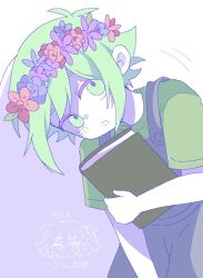  1boy :o antenna_hair bare_arms basil_(headspace)_(omori) basil_(omori) blue_flower blue_overalls blue_rose book buttons child colored_skin commentary_request cowboy_shot flipped_hair flower flower_wreath from_below green_eyes green_hair green_shirt hair_between_eyes hand_up head_wreath highres holding holding_book hugging_book hugging_object leaning_forward looking_at_viewer male_focus okameeomo omori open_mouth overalls purple_flower red_flower red_rose rose shaded_face shadow shirt short_hair short_sleeves sidelocks simple_background solo standing t-shirt tareme white_background white_skin 