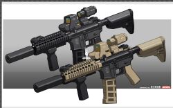  absurdres assault_rifle commentary_request grey_background gun highres iwasawayuki m4_carbine no_humans object_focus original rifle suppressor two-tone_background watermark weapon white_background 