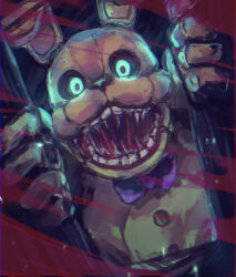  animal_ears animal_nose animatronic arumia bow bowtie commentary_request fangs five_nights_at_freddy's glowing glowing_eyes highres horror_(theme) looking_at_viewer nested_mouths open_mouth purple_bow purple_bowtie rabbit_ears solo spring_bonnie_(fnaf) teeth 
