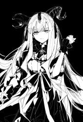  1girl arknights bang_dream! bang_dream!_it's_mygo!!!!! black_background chiriejjiyo closed_mouth commentary_request cowboy_shot curled_horns detached_collar dress greyscale hair_ribbon hand_up highres horns long_hair looking_at_viewer monochrome ribbon sidelocks solo standing togawa_sakiko togawa_sakiko_(master_of_melodia) two_side_up very_long_hair wrist_cuffs 