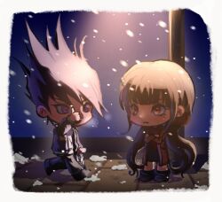 1boy 1girl :d alternate_costume brown_hair chibi commentary crossed_arms danganronpa_(series) danganronpa_v3:_killing_harmony hair_ornament hairclip harukawa_maki jacket lamp long_hair long_sleeves mole mole_under_eye momota_kaito night open_clothes open_jacket outdoors pants red_eyes shoes smile snow spiky_hair teeth twintails untranslatable_commentary upper_teeth_only white_background yuni_miolk 