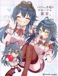  +_+ 1girl ^_^ antenna_hair apron black_shoes blush brown_dress brown_ribbon brown_thighhighs closed_eyes commentary cookie dress eating food gakuen_idolmaster green_eyes green_hair hair_flaps happy_mille-feuille_(idolmaster) heart highres idolmaster long_hair multiple_views neck_ribbon ribbon shoes short_sleeves smile snouty_basket straight_hair thigh-highs translation_request tsukimura_temari twitter_username untranslatable_commentary very_long_hair white_apron wrist_cuffs 