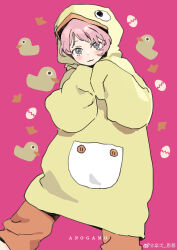  1girl :3 absurdres alternate_costume animal_hood bang_dream! bang_dream!_it's_mygo!!!!! bird chihaya_anon chinese_commentary commentary_request duck duck_costume duck_hood feet_out_of_frame grey_eyes hands_up highres hood hood_up looking_at_viewer onesie orange_pants pants pink_background pink_hair rakuichi rubber_duck sleeves_past_fingers sleeves_past_wrists smile solo standing watermark weibo_watermark 