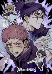 4boys black_hair character_name chibi choso_(jujutsu_kaisen) clenched_teeth closed_mouth copyright_name earrings facial_mark highres holding holding_sword holding_weapon itadori_yuuji jewelry jujutsu_kaisen long_sleeves male_focus multiple_boys neg_50asu okkotsu_yuuta open_mouth red_eyes short_hair sword teeth weapon wide_sleeves zen'in_naoya 
