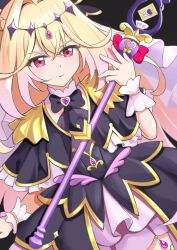  1girl antenna_hair black_dress blonde_hair blush bow breasts brooch commentary_request cure_arcana_shadow diamond_hairband dress earrings forehead_jewel gold_trim hair_intakes hair_ribbon jewelry long_hair looking_at_viewer magical_girl meitantei_precure! moria_luluka pink_eyes precure purple_veil ribbon shiratamaaji small_breasts solo veil wand wrist_cuffs 