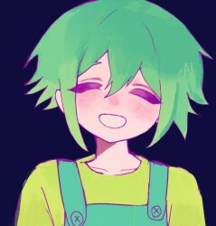  1boy :d ^_^ aqua_overalls arms_at_sides basil_(headspace)_(omori) basil_(omori) black_background blush buttons closed_eyes collarbone commentary_request double-parted_bangs facing_viewer flipped_hair green_hair green_shirt grin hair_between_eyes highres male_focus omori overalls portrait shirt short_hair sidelocks simple_background smile solo straight-on tokkooyaku 