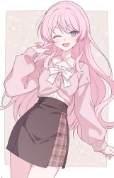  1girl bang_dream! bang_dream!_it's_mygo!!!!! black_skirt blush border cardigan chihaya_anon commentary e20 fang grey_eyes highres index_finger_raised long_hair looking_at_viewer one_eye_closed open_mouth outside_border pink_cardigan pink_hair skin_fang skirt solo white_border 