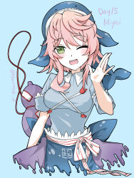  aomurasaki_r apron aqua_background blue_apron blue_shirt blush breasts character_name commentary contrast_collar green_eyes highres medium_hair okunoda_miyoi open_mouth pink_hair purple_skirt shirt short_sleeves skirt tagme teeth touhou twitter_username upper_teeth_only waving whale_hat 