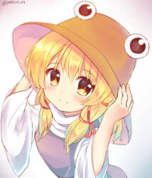  1girl arms_up blonde_hair brown_hat closed_mouth commentary_request hair_ribbon hands_on_headwear hat highres long_sleeves moriya_suwako purple_vest ramudia_(lamyun) red_ribbon ribbon smile solo touhou tress_ribbon twitter_username upper_body vest white_background yellow_eyes 