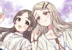  2girls blonde_hair blush brown_eyes camisole closed_mouth collarbone colored_eyelashes commentary_request gakuen_idolmaster hair_ornament hairclip highres holding_hands idolmaster kuramoto_china long_hair looking_at_another multiple_girls open_clothes open_mouth open_robe orange_eyes parallel_hairclips parted_bangs pointing robe shinosawa_hiro shirt sinny-garden smile star_(sky) swept_bangs twitter_username upper_body watch watch white_camisole white_robe white_shirt wristband yuri 
