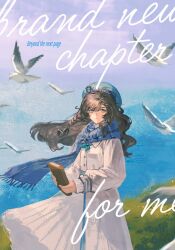  1girl anchor_hat_ornament beret bird blue_eyes blue_hat blue_neckerchief blue_scarf blue_sky brown_hair day dress english_text grass gusarlol hashtag-only_commentary hat hat_ornament highres holding holding_notebook long_dress long_hair looking_at_viewer marcus_(reverse:1999) neckerchief notebook ocean outdoors reverse:1999 scarf seagull sky solo upper_body white_bird white_dress wind 