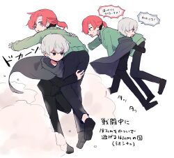  2boys black_pants black_shoes cape cardigan carrying carrying_over_shoulder carrying_person commentary_request extra_eyes green_cardigan green_eyes grey_cape highres hood hood_down hooded_cape kuchinashi_dabi low_ponytail multiple_boys multiple_views okudo_(okudo61) oshi_no_taisetsuna_hito_ni_narikawaru pants ponytail red_hair running shoes tonimura_yui translation_request undercut 
