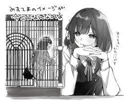  2girls cage commentary_request dress_shirt facing_another gakuen_idolmaster greyscale hataya_misuzu hatsuboshi_gakuen_school_uniform idolmaster in_cage interlocked_fingers kneeling long_sleeves mini_person minigirl monochrome multiple_girls neck_ribbon own_hands_together ribbon school_uniform shirt translation_request tsukimura_temari vest ynojiyu_choo 