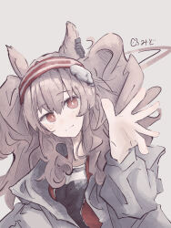  1girl absurdres angelina_(arknights) animal_ears arknights artist_name black_shirt bright_pupils coat dot_nose dutch_angle earpiece fan_request fox_ears fox_girl hairband highres jacket kuramidomoyasi light_blush light_smile long_hair long_sleeves looking_at_viewer multicolored_hairband open_clothes open_coat open_jacket red_eyes red_hairband red_jacket shirt simple_background solo striped_clothes striped_hairband twintails two-tone_hairband upper_body waving white_background white_coat white_pupils 