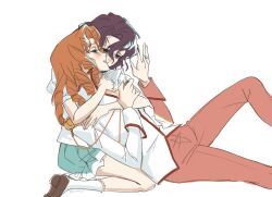  2girls aqua_skirt arisugawa_juri brown_hair brown_shoes cloversforjuri commentary highres hug jacket long_hair multiple_girls ootori_gakuen_school_uniform orange_hair pants red_pants ringlets school_uniform shoes shoujo_kakumei_utena signature skirt socks takatsuki_shiori white_background white_jacket white_socks yuri 