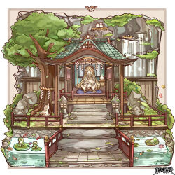  1girl :d bird bird_nest border brooch bush chigu commentary_request commission crossed_arms cushion dairoku_ryouhei diorama dress egg flower frog gladiator_sandals headpiece indian_style jewelry koi lily_pad musical_note outside_border rabbit rock rope sandals shide shimenawa shrine sitting smile stone_lantern stone_walkway tree water waterfall white_dress white_eyes 