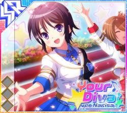  2girls :d album_cover amane_ai arm_up black_jacket blue_bow blue_bowtie blue_shirt blue_skirt blush bow bowtie breasts brooch brown_hair buttons character_name closed_eyes cover crown dot_nose eighth_note english_text flower game_cg gold_crown head_tilt idol_wars jacket jewelry looking_at_viewer medium_breasts mini_crown multicolored_jacket multiple_girls musical_note official_art open_mouth outstretched_hand pink_shirt purple_hair red_bow red_bowtie red_flower red_rose red_skirt rose rose_bush shirt short-sleeved_jacket short_hair short_sleeves skirt smile star_(symbol) third-party_source tilted_headwear traditional_bowtie two-tone_jacket violet_eyes white_jacket yukishiro_nagisa 