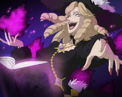  1girl absurdres black_clover black_clover_m:_rise_of_the_wizard_king black_dress black_hat blonde_hair book breasts catherine_(black_clover) dress grimoire hat highres long_hair looking_at_viewer magic medium_breasts non-web_source official_art open_book red_eyes red_nails ringlets solo teeth upper_body 