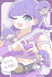  1girl :3 :d arm_strap belt blue_eyes braid chair championship_belt chibi chibi_inset commentary cropped_hoodie dated four-finger_heart_hands glasses happy_birthday heart heart_hands highres hood hoodie looking_at_viewer medium_hair mitsuba_tarou mojiro_moko on_chair one_eye_closed pink_hoodie purple_hair smile standing the_hundred_line_-last_defense_academy- twintails twitter_username 