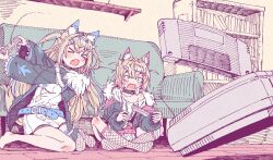  >_< 2girls accident angry animal_collar animal_ears bandaid bandaid_hair_ornament belt belt_collar black_collar black_jacket blonde_hair blue_belt blue_eyes blue_hairband blue_streaks blush bookshelf breasts clothing_cutout collar commentary controller cropped_jacket crossed_bangs cutout_above_navel dog_ears dog_girl dog_tail double-parted_bangs dress fake_horns fang fishnet_socks fishnet_thighhighs fishnets frilled_sleeves frills fur-trimmed_jacket fur_trim fuwawa_abyssgard fuwawa_abyssgard_(1st_costume) game_console hair_between_eyes hair_ornament hairband hairclip headphones headphones_around_neck holding holding_controller hololive hololive_english horn_hairband horns indian_style indoors jacket ken_(houndscombat) kneehighs living_room long_hair long_sleeves looking_at_object medium_breasts mococo_abyssgard mococo_abyssgard_(1st_costume) multicolored_hair multiple_girls no_shoes on_floor open_mouth over-kneehighs parallel_hairclips pink_hairband pink_streaks pulling shirt short_dress short_hair shorts siblings single_bare_foot single_over-kneehigh single_thighhigh sisters sitting skin_fang socks streaked_hair super_famicom t-shirt tail thigh-highs twins two_side_up virtual_youtuber wariza wavy_mouth white_dress white_shirt white_shorts wide-eyed x_hair_ornament 