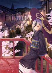  6+girls against_railing black_hair black_horns black_kimono blue_archive building cherry_blossoms chinese_commentary commentary_request demon_horns forest_0 grey_hair hair_ornament hairclip halo highres holding holding_umbrella horns japanese_clothes kayoko_(blue_archive) kayoko_(new_year)_(blue_archive) kimono long_sleeves looking_at_viewer multiple_girls night obi official_alternate_costume oil-paper_umbrella railing sash solo_focus umbrella upper_body yukata 
