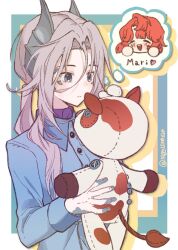  1girl black_jacket grey_eyes grey_hair hair_ornament highres holding holding_stuffed_toy imagining jacket looking_at_object low_ponytail marsha_(reverse:1999) military_uniform nago_(nago1150610) ponytail reverse:1999 solo speech_bubble stuffed_cow stuffed_toy thought_bubble twitter_username upper_body 