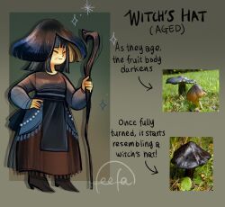  1girl black_hair closed_eyes dress educational feefal full_body funguary highres holding holding_staff mushroom mushroom_girl mushroom_hat object_and_personification old old_woman original personification photo_inset reference_inset signature simple_background smile solo staff witch 
