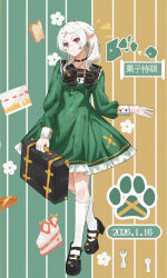  1girl absurdres black_choker black_shoes blush bread bread_slice breasts cake cake_slice choker closed_mouth commentary_request dated dress elf food full_body green_dress highres holding holding_suitcase looking_at_viewer medium_hair mushoku_tensei paw_print pointy_ears psh5528 red_eyes shoes small_breasts smile socks solo suitcase sylphiette_(mushoku_tensei) tiptoes toast white_hair white_socks white_wrist_cuffs wrist_cuffs 