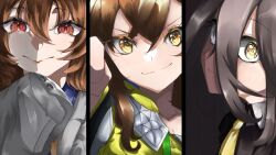  3girls agnes_tachyon_(umamusume) black_coat black_hair blue_shirt closed_mouth coat collared_shirt commentary hair_between_eyes hand_up highres jacket jungle_pocket_(umamusume) long_bangs long_hair long_hair_between_eyes long_sleeves manhattan_cafe_(umamusume) medium_hair multiple_girls necktie piki479 red_eyes shirt sleeves_past_fingers sleeves_past_wrists smile split_screen track_jacket umamusume untranslatable_commentary variant_set white_shirt wide_sleeves yellow_eyes yellow_necktie 