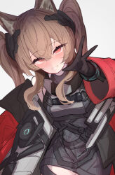  1girl absurdres angelina_(arknights) animal_ear_fluff animal_ears arknights arknights:_endfield asumi_maboroshi black_gloves blush bracelet breasts brown_hair coat diamond_in_eye dress dutch_angle elbow_gloves fox_ears fox_girl from_above gilberta_(arknights) gloves grey_dress grin hair_between_eyes headpiece high_collar highres infection_monitor_(arknights) jewelry long_hair looking_at_viewer medium_breasts no_nose off_shoulder open_clothes open_coat red_coat red_eyes short_dress simple_background sleeveless sleeveless_dress smile solo twintails w white_background wide_sleeves wrinkled_fabric 