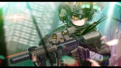  1girl absurdres assault_rifle black_hair blurry blurry_background brown_gloves brown_helmet brown_jacket camouflage camouflage_helmet camouflage_jacket closed_mouth commentary_request detached_sleeves gloves green_hair gun hair_between_eyes helmet highres holding holding_gun holding_weapon iwasawayuki jacket letterboxed m4_carbine multicolored_hair night night_vision_device orange_eyes original outdoors rain rifle short_hair short_sleeves solo streaked_hair trigger_discipline upper_body weapon 