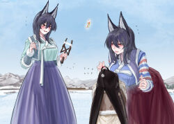  1boy 2girls absurdres animal_ears black_hat blue_skirt blush breasts child crying fangs flying_sweatdrops flying_teardrops fox_ears fox_girl fur-trimmed_sleeves fur_trim hat highres huge_breasts kite kite_flying kite_string korean_clothes large_breasts leaning_forward long_sleeves m4skedboi medium_hair mountain multiple_girls nerv purple_hair red_eyes red_skirt scp_foundation shirt shirt_tucked_in skin_fangs skirt snow white_shirt 