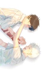  2boys black_hair blush closed_eyes collared_shirt commentary_request grey_eyes hand_on_another's_cheek hand_on_another's_face highres hikaru_ga_shinda_natsu indou_hikaru looking_at_another male_focus mole mole_on_arm mole_under_eye multiple_boys multiple_moles mycpbanzai nose_blush open_mouth scar scar_on_arm shirt short_hair sideways simple_background slit_pupils tsujinaka_yoshiki twitter_username white_background white_hair white_shirt 