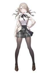  1girl black_pantyhose black_ribbon brown_shoes closed_mouth collared_shirt d4dj double_bun dress_shirt floating_hair full_body grey_hair grey_skirt hair_bun hair_over_one_eye hand_on_own_hip jacket loafers long_hair neck_ribbon official_art open_clothes open_jacket pantyhose plaid_clothes plaid_skirt pleated_skirt ribbon school_uniform shiodome_raika shirt shirt_tucked_in shoes simple_background skirt solo tachi-e transparent_background twintails white_jacket white_shirt yellow_eyes 