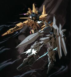  artist_name battle clenched_hand commentary delta_gundam delta_plus energy_sword exhaust eye_trail flying gundam gundam_msv gundam_unicorn highres holding holding_sword holding_weapon kampen1184 light_trail mecha mecha_focus mobile_suit no_humans o'neill_cylinder radio_antenna robot science_fiction space star_(sky) sword thrusters v-fin violet_eyes weapon 