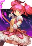  1girl blush bow bow_(weapon) breasts buttons frilled_skirt frills gloves hair_between_eyes hair_bow hankuri holding holding_bow_(weapon) holding_weapon kaname_madoka leg_up looking_at_viewer magical_girl mahou_shoujo_madoka_magica pink_eyes puffy_short_sleeves puffy_sleeves purple_background short_sleeves skirt small_breasts smile twintails upper_body weapon white_gloves 