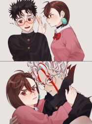  1boy 1girl ? averting_eyes ayase_momo black_choker black_hair black_jacket blush bow bowtie brown_eyes brown_hair carrying choker commentary_request crossed_bangs dandadan earrings facial_mark flying_sweatdrops gakuran glasses grey_background hair_between_eyes hetero highres jacket jewelry kami_high_school_uniform looking_at_another multiple_views open_mouth pink_sweater princess_carry red_bow red_bowtie red_eyes round_eyewear school_uniform shirt shirt_under_sweater short_hair split_screen sweater takakura_ken_(dandadan) takakura_ken_(transformed)_(dandadan) transformation upper_body usa_g_i01 white_hair white_shirt wing_collar 